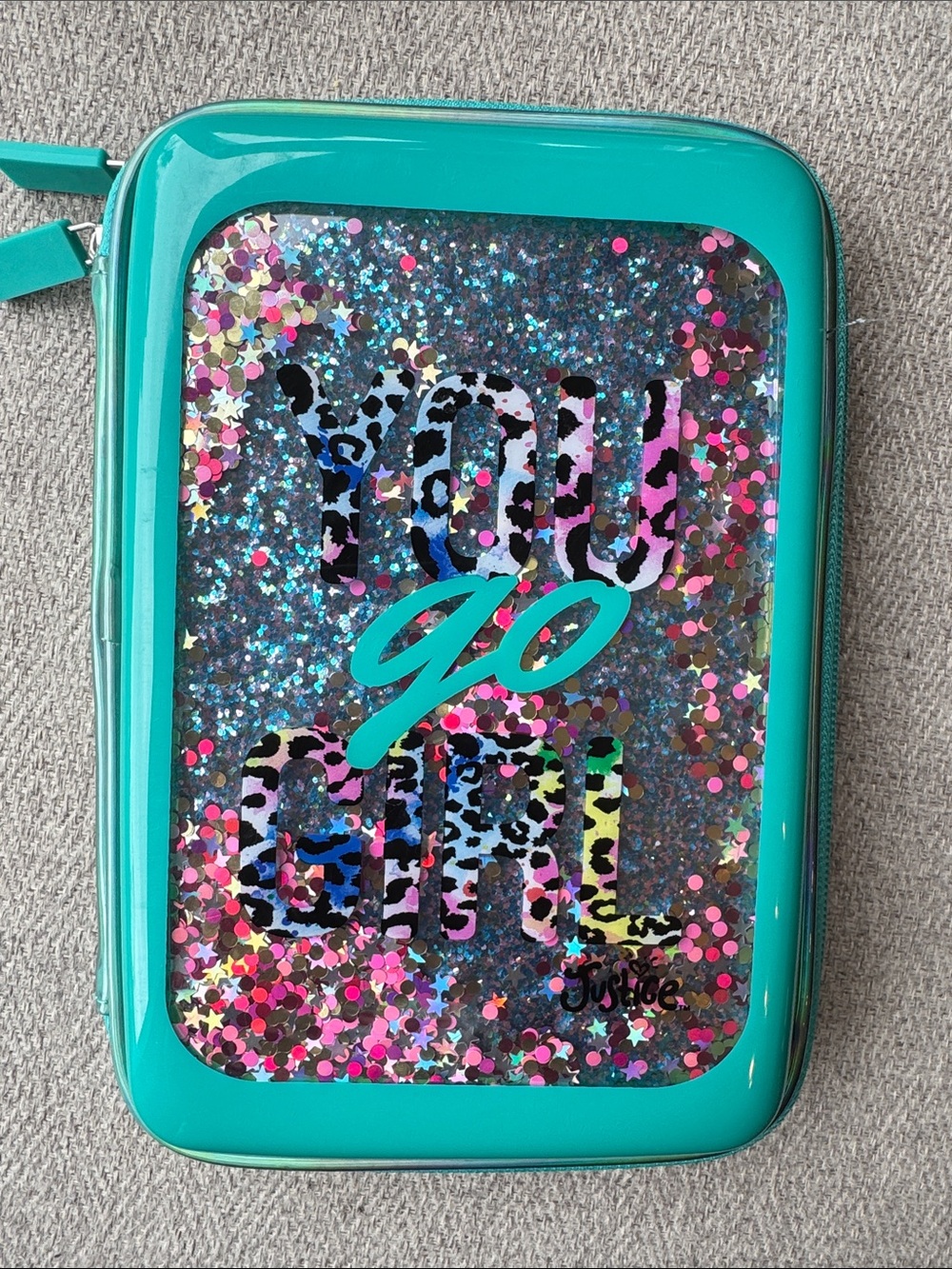 Justice Teal Glitter 'You Go Girl' Cosmetic Pouch